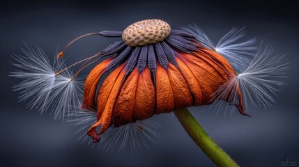 Dried flower, vibrant orange-brown petals, wispy white seed heads, dark background