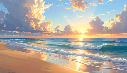 Golden sunset over turquoise ocean waves crashing on sandy beach image