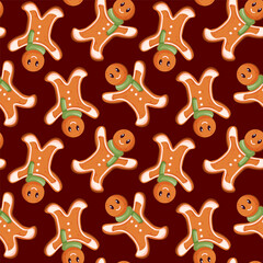Seamless Holiday pattern with gingerbread man in cartoon. Cute design for Christmas background, wrapping paper.