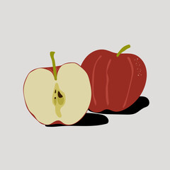 Red Apple Illustration – Whole and Half Cut Fruit. Food design, healthy eating concepts, kitchen decor, diet, or fresh fruit themes.