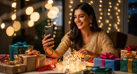 young indian woman sitting with gift box holding smartphone on diwali festival at home