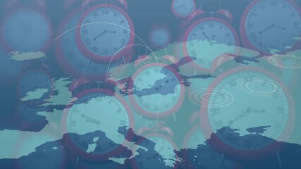Starting with sweeping arcs from red clocks on Europe map then ripples visualizing time connections - Powered by Adobe