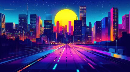 Fototapeta premium Futuristic city skyline at night, vibrant colors, highway