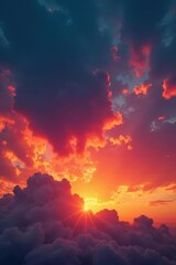 Naklejka premium Fiery orange and red clouds ablaze across a sunset sky , view, dramatic