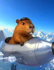 Cartoon capybara pilot in airplane