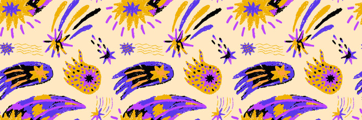 Brush pattern with star doodle and pastel fire. Hand sketch scribble crayon.