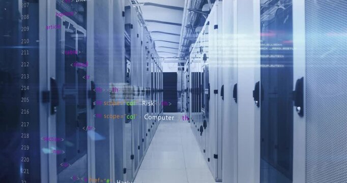 Static shot starting code snippets fading in rack aisle demonstrating cyber security network terms