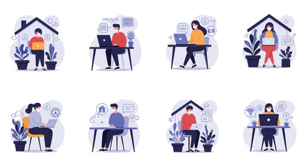 People working remotely from home during the pandemic illustrated vector design