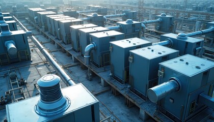 High-tech data center construction featuring industrial ventilation systems, intricate piping. Steel metal units arranged horizontally, showing complex technology, engineering. Focus on
