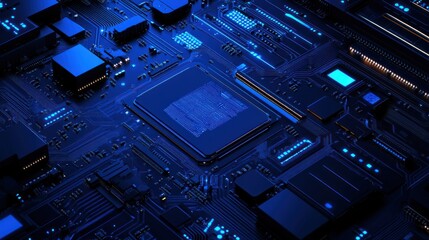 Close-up of a circuit board with central processor.  Intricate network of dark blue circuits and components.  High-tech, futuristic detail