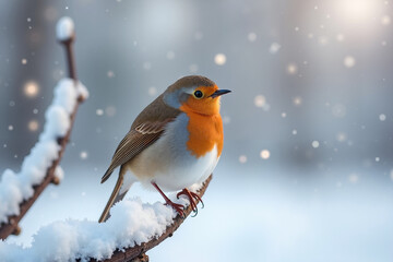 Robin bird perched on snow-covered branch in winter snowfall  