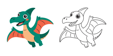 Coloring book for kids flying dinosaur pterodactyl. A hand-drawn isolated pterodactyl on a white background. Vector illustration