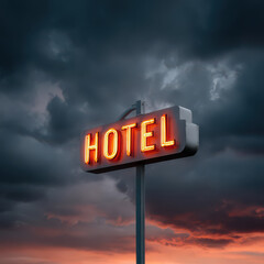 Neon Hotel Sign Against Dramatic Sky: Illuminated HOTEL neon sign, set against a dramatic sky, showcasing the stark contrast between the artificial light and the natural scene.