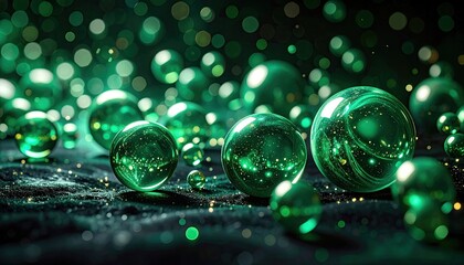 Soft Focus Multicolor Disco Light Reflections on Dark Background with Spherical Bokeh Abstract Emerald Green Orbs of Varying Sizes