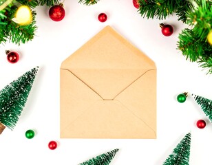 Beige envelope amidst Christmas decor