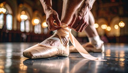 Ballerina Tying Pointe Shoes, Close Up - Authentic and raw imagery .