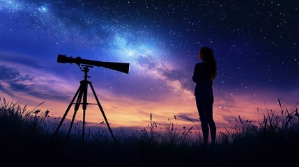 Silhouette of woman gazing at night sky through telescope