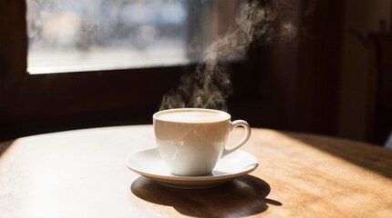 Steaming cup of coffee on a wooden café table. Warm daylight, cozy atmosphere, soft steam rising,...
