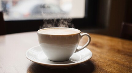 Steaming cup of coffee on a wooden café table. Warm daylight, cozy atmosphere, soft steam rising, professional 35mm photography style, perfect for branding, lifestyle, and food concepts.
