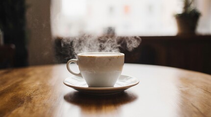 Steaming cup of coffee on a wooden café table. Warm daylight, cozy atmosphere, soft steam rising, professional 35mm photography style, perfect for branding, lifestyle, and food concepts.
