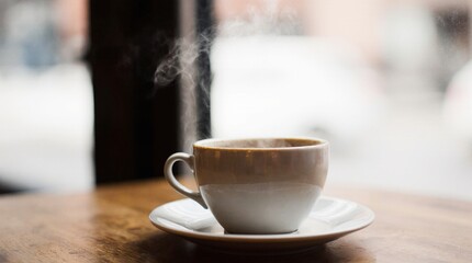 Steaming cup of coffee on a wooden café table. Warm daylight, cozy atmosphere, soft steam rising, professional 35mm photography style, perfect for branding, lifestyle, and food concepts.