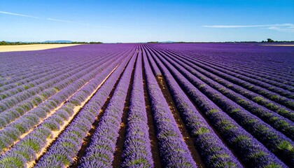 Aerial view of a lavender field in full bloom under a clear blue sky.