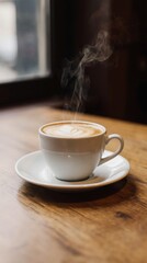 Steaming cup of coffee on a wooden café table. Warm daylight, cozy atmosphere, soft steam rising, professional 35mm photography style, perfect for branding, lifestyle, and food concepts.