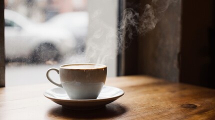 Steaming cup of coffee on a wooden café table. Warm daylight, cozy atmosphere, soft steam rising, professional 35mm photography style, perfect for branding, lifestyle, and food concepts.