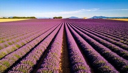 Aerial view of a lavender field in full bloom under a clear blue sky._