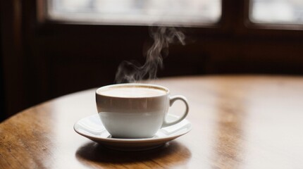 Steaming cup of coffee on a wooden café table. Warm daylight, cozy atmosphere, soft steam rising, professional 35mm photography style, perfect for branding, lifestyle, and food concepts.