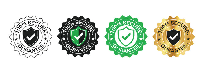 100 percent secure badge with shield and checkmark icon. For logo, circle, label, seal, symbol, botton, tag, sign, badge, stamp, emblem, vector Illustration