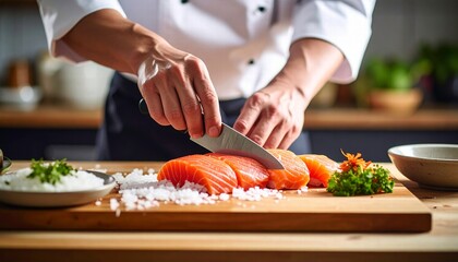 Close-up of a sushi chef slicing fresh fish with precision.
