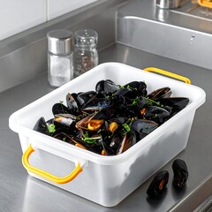 White plastic food container with mussels