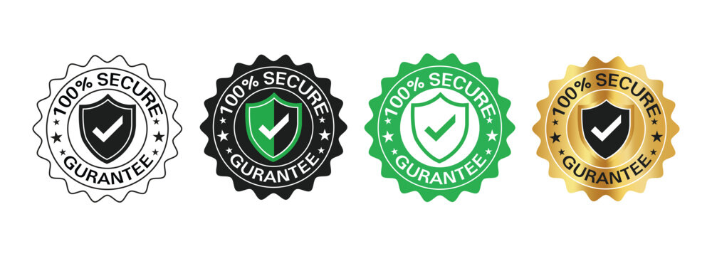 100 percent secure badge with shield and checkmark icon. For logo, circle, label, seal, symbol, botton, tag, sign, badge, stamp, emblem, vector Illustration