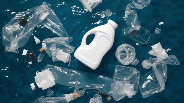 A white detergent bottle floating in water surrounded by trash and debris plastic waste. Plastic pollution washed, Ocean pollution depicted, Water Pollution	