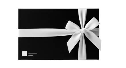 Isolated Gift Box, Black Present with White Ribbon, Holiday Decoration, Celebratory Surprise
