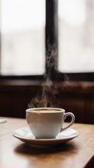 Steaming cup of coffee on a wooden café table. Warm daylight, cozy atmosphere, soft steam rising, professional 35mm photography style, perfect for branding, lifestyle, and food concepts.