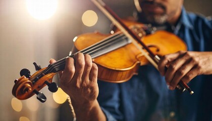 Close-up of a violinist’s hands playing passionately in soft light.