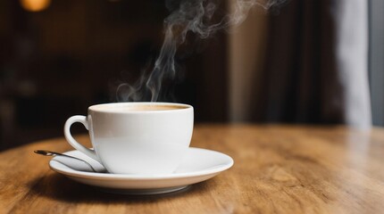 Steaming cup of coffee on a wooden café table. Warm daylight, cozy atmosphere, soft steam rising, professional 35mm photography style, perfect for branding, lifestyle, and food concepts.
