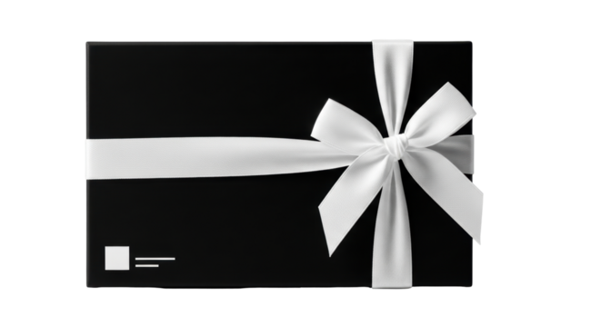 Isolated Gift Box, Black Present with White Ribbon, Holiday Decoration, Celebratory Surprise