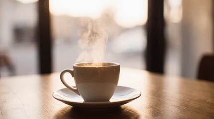 Steaming cup of coffee on a wooden café table. Warm daylight, cozy atmosphere, soft steam rising, professional 35mm photography style, perfect for branding, lifestyle, and food concepts.