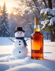 Snowman and bottle in winter scene