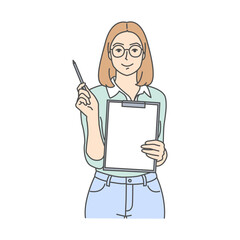 Illustration of a smiling young woman wearing thin glasses while holding a clipboard and pen