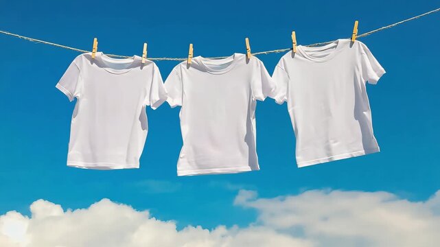 Three plain white oversized t-shirt drying on a clothesline under a clear blue sky, Laundry hanging on clothesline against sky	