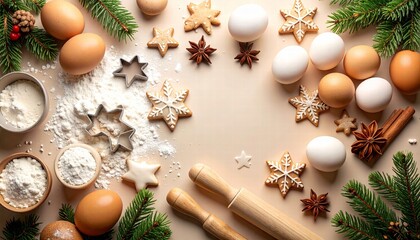 Flat-lay of baking ingredients- flour, eggs, rolling pin, and cookie cutters.