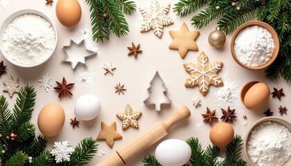 Flat-lay of baking ingredients- flour, eggs, rolling pin, and cookie cutters.