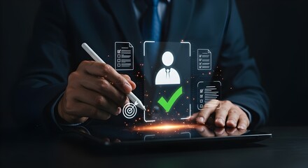 Professional Verifying Digital Identity on Holographic Interface with Green Checkmark

