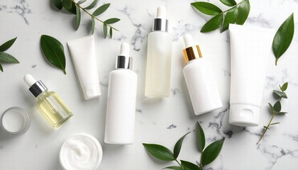 Minimalist flat-lay of skincare products on a marble surface.