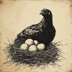 Hen and eggs in a nest, vintage style
