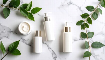 Minimalist flat-lay of skincare products on a marble surface.